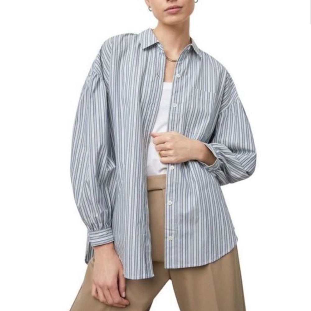Rails Janae Bank Stripe Blue and Green Cotton Balloon Sleeve Shirt Size Large - Picture 2 of 13